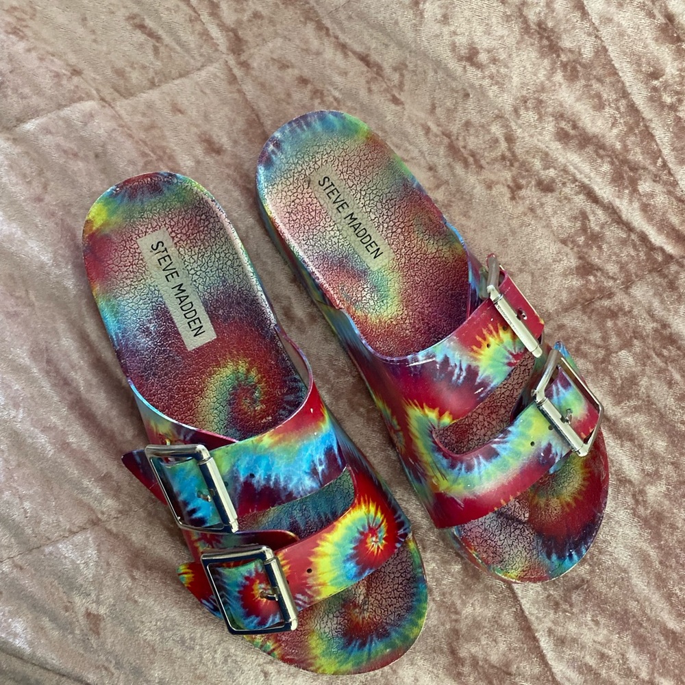 Rainbow Steve Madden slides